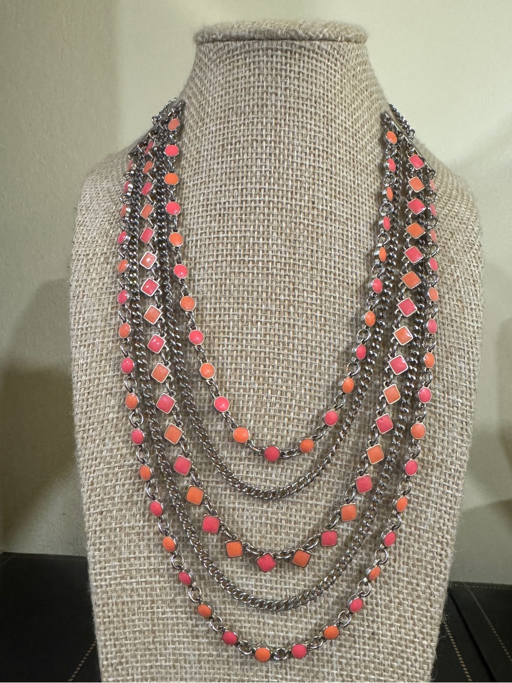 Layered Geometric Statement Enamel Necklace Pink & Orange